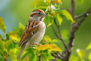 American Tree Sparrow in Nature. Close-up of Avian Wildlife with Beautiful Feathers, Perched 