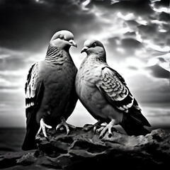 Fototapeta premium black and white two beautiful pigeons landscape photo 