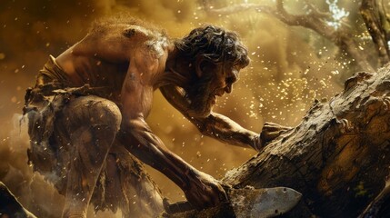 Caveman carving a tree with his basic prehistoric day weapon in high resolution and high quality. history concept, cave