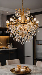 Luxury Culinary Haven, Sputnik Chandelier, Gold Faucet, and Stainless Steel Splendor