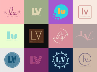 LV logo company template. Letter l and v logotype. Set different classic serif lettering and modern bold text with design elements. Initial font typography.