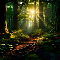 Panorama of a fairy forest. Fairytale forest sunny day. Warm morning in a fairy forest.