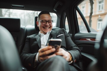 A man in a suit is smiling and holding a cell phone,Mobile Executive: A successful businessman utilizing technology while traveling. Modern luxury meets efficient communication in urban mobility