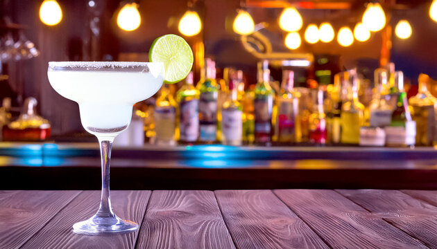 Cocktail Margarita, im Hintergrund eine Bar 