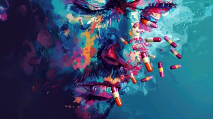 Close up of a man with pills on his face, suitable for medical and healthcare concepts