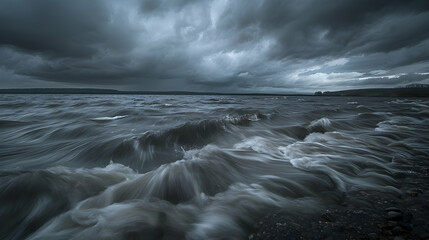 A stormy evening at a watershed with dramatic clouds and turbulent waters, using slow shutter speed to blur the water's motion