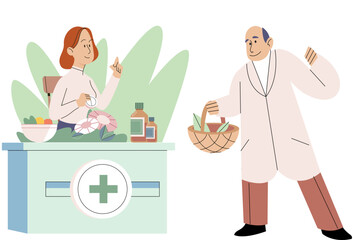 Traditional medicine vector illustration. Wellness is tapestry woven with threads traditional medicine and natural care The traditional medicine metaphor is lantern lighting path to healthy life