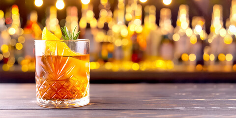 Old Fashioned Cocktail, im Hintergrund eine Bar 