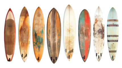 Set of old used vintage surfboards isolated on white background, png file, transparent 
