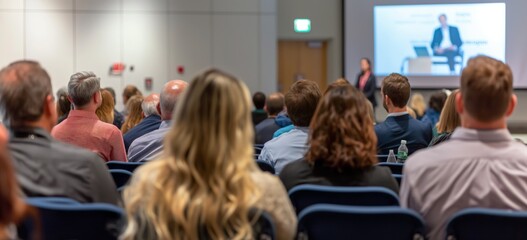 Fototapeta premium Banner, A large business group of people are sitting in a room and watching a presentation. Scene is one of attentiveness and focus as the audience listens to the speaker