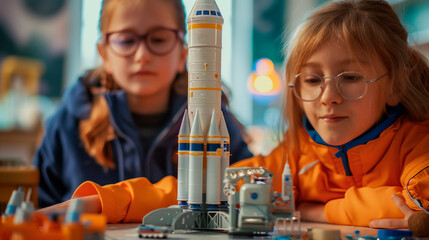 Gifted students with a model of a space rocket in a STEM elementary school. 