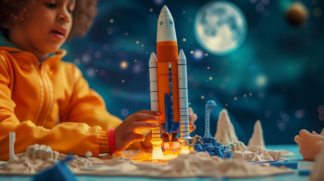 Boy playing with a model of a space rocket. Concept of creativity, imagination and education. - Powered by Adobe