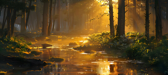 A sunrise scene over a forest stream, the early morning light casting golden hues on the water and nearby trees