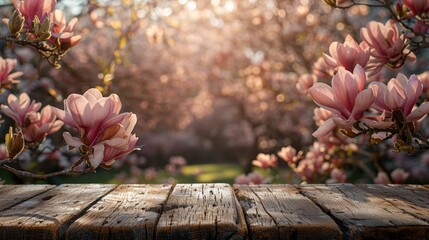 Serene magnolia bloom with rustic wooden table