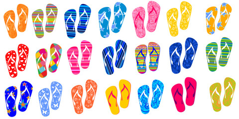 Beach Seamless Background with Flip Flops. Set of colorful flip flops isolated on white background. Collection of design elements. Great for textile print. Horizontal seamless pattern background 