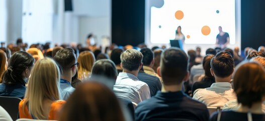 Banner, business A large crowd of people are sitting in a room and watching a presentation. The room is filled with people of all ages and genders, and they are all focused on the speaker.