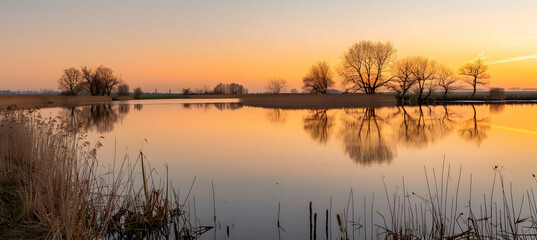 A sunset scene in a polder, where the sky is painted in hues of orange and pink above a mirror-like water surface reflecting the calmness