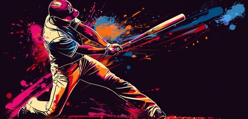 A baseball player in action, hitting the ball with his bat The background is dark and splattered with colorful paint Generative AI