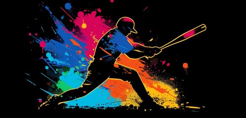 baseball player swinging his bat with bright colors and paint splashes on a black background convey energy and dynamism Generative AI