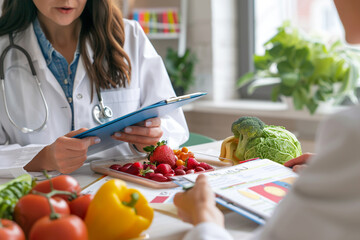 Zoomed-in shot of a dietitian discussing nutritional guidelines with a patient, using colorful brochures and food models for visual education