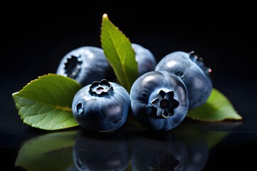 Fresh ripe blueberries with leaves on black background. Fruits and summer berries