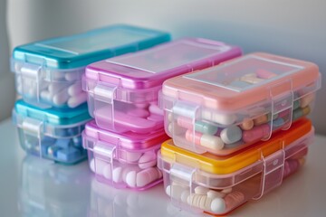 Colorful Pill Organizers for Daily Medication Management, Plastic Containers in Healthcare Routine