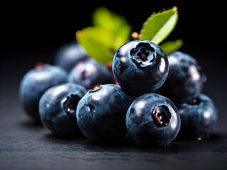 Ripe blueberries with leaves on black background. Fruits and summer berries