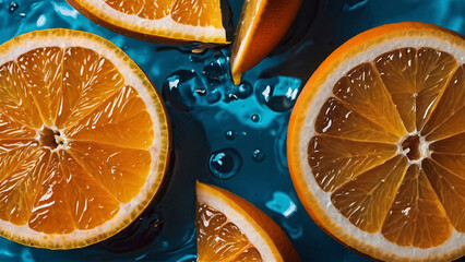 Fresh orange fruit slices on cool blue water for summer composition 