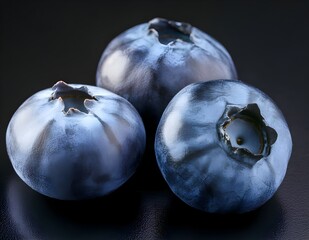 Three ripe blueberries on black background. Close up shot. Fruits and summer berries