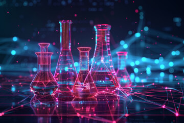 A group of glass beakers are arranged in a pattern on a table