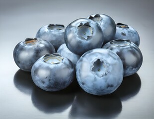 Ripe blueberries on reflective surfaces. Fruits and summer berries