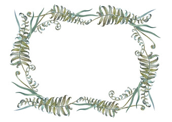 Floral frame with fern and herbs isolated on white background. Hand painted with watercolors.
