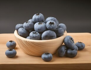 Fresh blueberries in wooden bowl on table. Fruits and summer berries