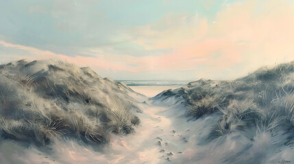 A tranquil coastal dune landscape, with a narrow path winding through the dunes leading to the distant sea, under a pastel-colored sky