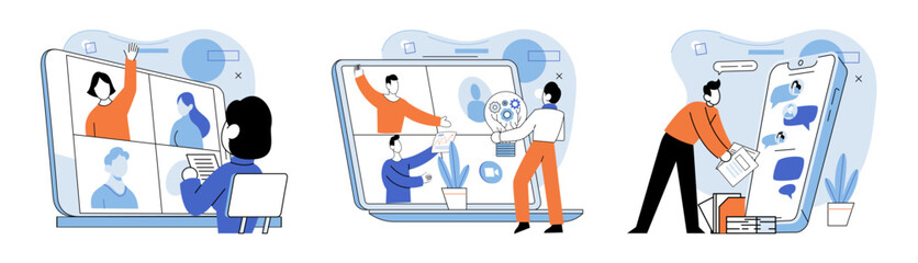 Online meeting. Vector illustration. Webinars provide virtual space for interactive learning and online meetings Technology empowers seamless communication and collaboration in online meetings