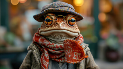 Dapper toad hops through city streets in tailored splendor, epitomizing street style.