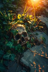 Skull Overgrown with Ivy on Cracked Earth
