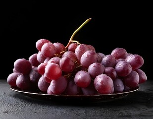 Grapes in plate on black background. Fruits and summer berries illustration