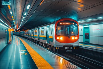 Fototapeta premium Orange train in modern subway station