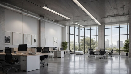 Minimalist Office Ambiance, Modern Industrial Style with White Walls, Concrete Floors, and Panoramic Window Views