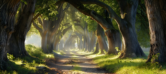 A tranquil forest path lined with ancient trees in a temperate forest, inviting exploration into its shaded depths, with sunlight creating patterns on the path