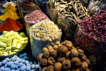 Colorful different spices in the spice market souk in old Dubai