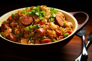 Traditional jambalaya. Cooking food meal. Generate Ai