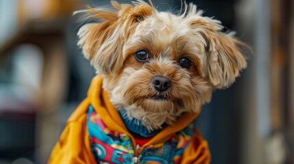 A dog is wearing a hat and a jacket