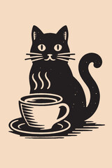 A black cat and a cup of tea and coffee. Vintage staraya vetkor engraved black illustration. Logo, icon, emblem. Isolated object, vertical format. Poster, print