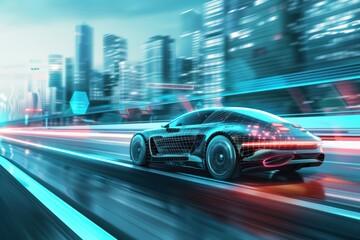 Fototapeta premium Autonomous car driving on the road with AI self-driving technology