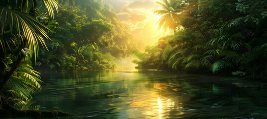 A tranquil river winding through a dense subtropical jungle, reflecting the soft light of the setting sun