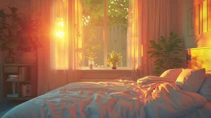 A bedroom with a large bed, a window, and a plant