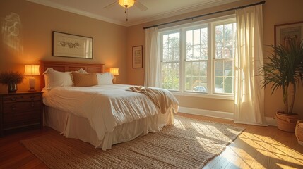 A bedroom with a large bed, a window, and a plant