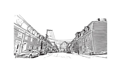 Print Building view with landmark of St. John's is the capital and largest city in Newfoundland and Labrador. Hand drawn sketch illustration in vector.